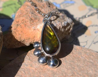Canadian Ammolite Pendant, Sterling Silver, Handmade, Fossil Pendant, Pear Shape