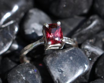 Garnet Stacker Ring, Sterling Silver, Handmade, Cushion-Cut, Size 5.25