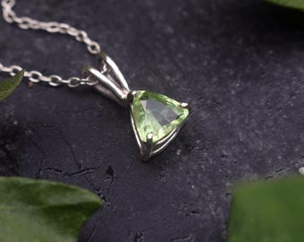 Trilliant Peridot Pendant, Sterling Silver, Handmade, Basket Setting