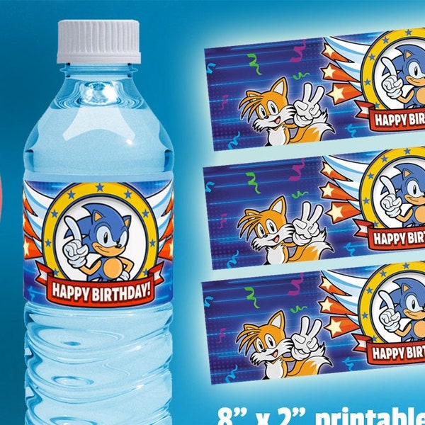 Sonic Digital Water Bottle Labels - 8" x 2" Sonic the Hedgehog Printable Birthday Party or Event Labels - Color Digital Template