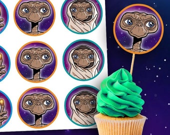 E.T. Cupcake Toppers - 5 cm Cirkel, Födelsedagsfest (Digital Utskriftbar)