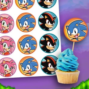 Topper per cupcake di Sonic the Hedgehog stampabile in digitale - Topper circolari da 2 pollici per feste di compleanno o eventi - con Amy e Shadow