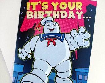 Ghostbusters Birthday Card -  5 x7&quot; featuring Slimer & Stay Puft Marshmallow Man- Professional Quality Greeting Card