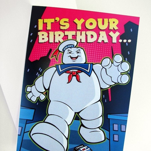 Ghostbusters Birthday Card -  5 x7" featuring Slimer & Stay Puft Marshmallow Man- Professional Quality Greeting Card