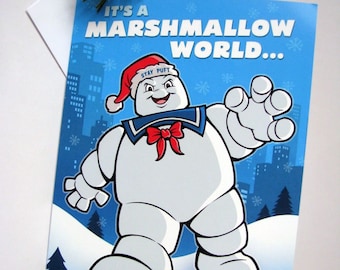 Ghostbusters Christmas Card - Funny Holiday Greeting Card with Stay Puft Marshmallow Man & Slimer