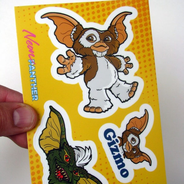 Gizmo Sticker Sheet - 80s Die Cut Decal Set of 3, for Skateboard, Laptop, Water Bottle etc.