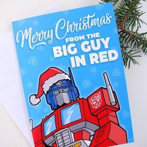 Carte de Noël Transformers - Carte de voeux amusante pour les fêtes Optimus Prime 5 x 7 po. avec bourdon Megatron Starscream