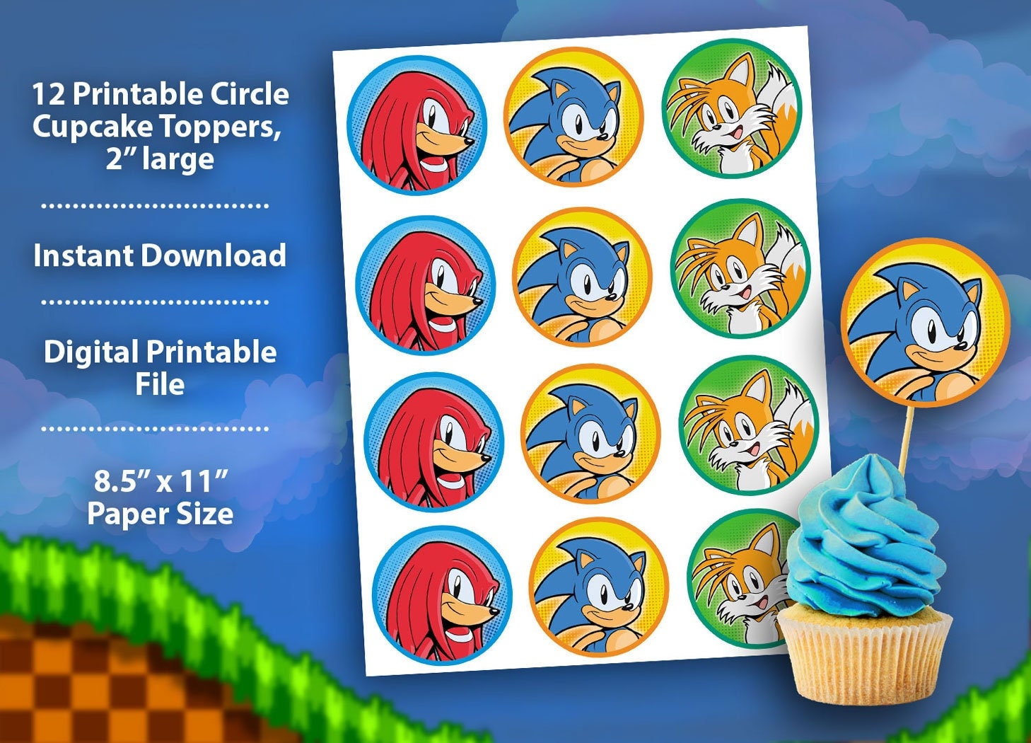 Sonic the Hedgehog Cupcake Topper Digital Printable - 2 Inch Circle  Toppers for Birthday Party or Event - Digital Template