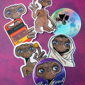 E.T. Vinyl Sticker Set of 6 - E.T. the Extra Terrestrial Movie Die Cut Decals for Laptop, Skateboard, Vehicle, Water Bottle.