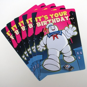 Jeu de 5 cartes d'anniversaire plates 5 x 7 po. Ghostbusters - avec Slimer & Stay Puft Marshmallow Man - Carte de qualité professionnelle