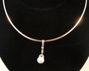 Sterling Silver Necklace With Pearl & Diamond Pendant - Great Gift for Her