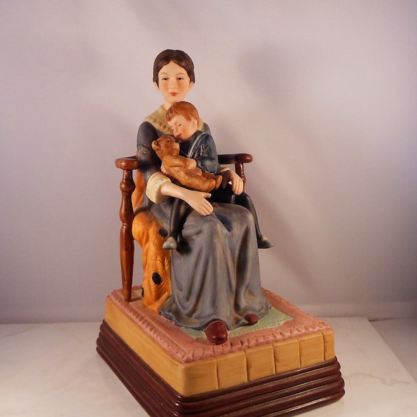 Large Figurine and Music Box Titled "Bedtime" Inspired by Norman Rockwell Art & Plays Brahms Lullaby - Great Gift For Mom