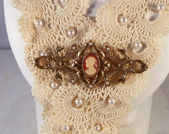 Large Cameo Brooch or Pin Gold Tone With Faux Pearls - Very Victorian Looking - Great Scarf Pin - Free Shipping Within the USA