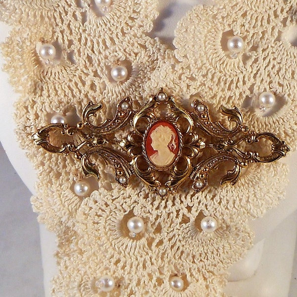 Large Cameo Brooch or Pin Gold Tone With Faux Pearls - Very Victorian Looking - Great Scarf Pin - Free Shipping Within the USA