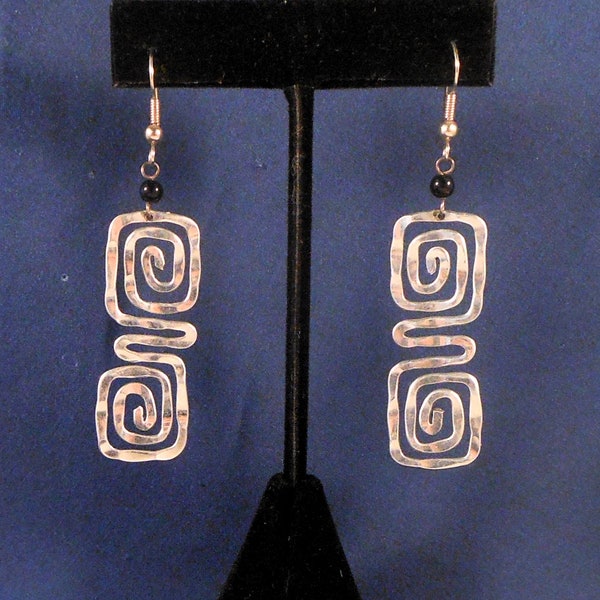 Contemporary Artisan Silver Tone Long Dangle Earrings With Wire Bent into Geometric Design Textured to Catch Light To Provide Flash