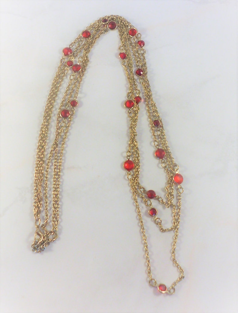 3 Strand Necklace With Red Lucite Crystal Accents In Gold Tone Free Shipping Within the USA
