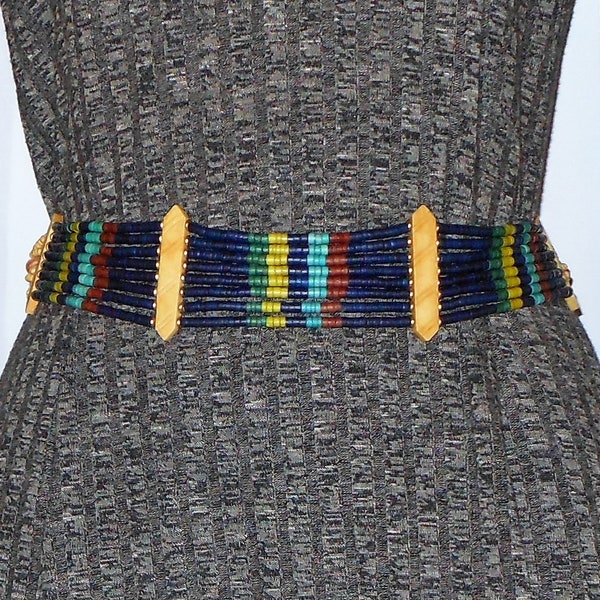 Boho Beaded Belt With Leather Ends - Colorful Multi-Strand Belt - Organic, Natural Wood Beads - About 32" Long