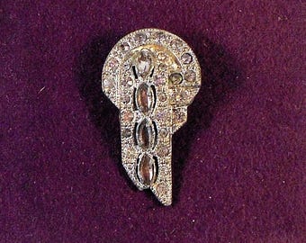 1930's Art Deco Era Dress Clip Pot Metal With Clear Rhinestones - Dress Clip, Fur Clip, Scarf Clip, Brooch