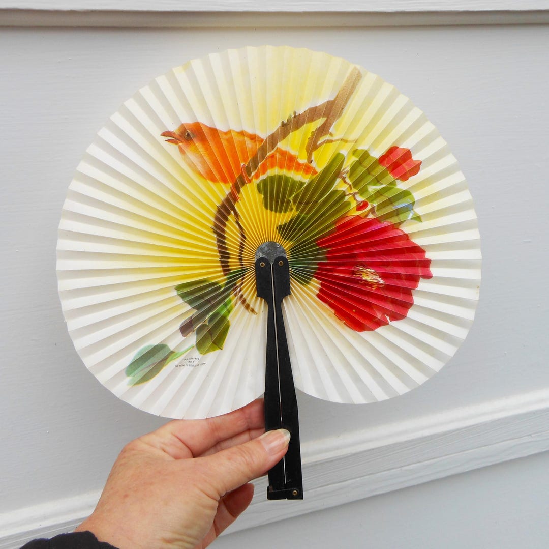 Spring Fan Paper Vintage Paper Fan With Colorful Flowers and Bird Design 360 Degrees ...