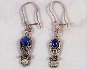 Sterling Silver Lapis Dangle Earrings - Asian Design and Inspired - Petite Earrings - Silver and Blue
