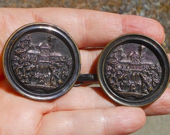 1930's Art Deco Era Metal Buttons Made in Buckle With Design Showing Mansion - Two Part Buckle - Attach to Belt, Jacket, Vest