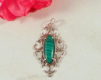 Sterling Silver Pendant With Lovely Piece of Malachite - Great Green Color With Black Bands - Gift For Her