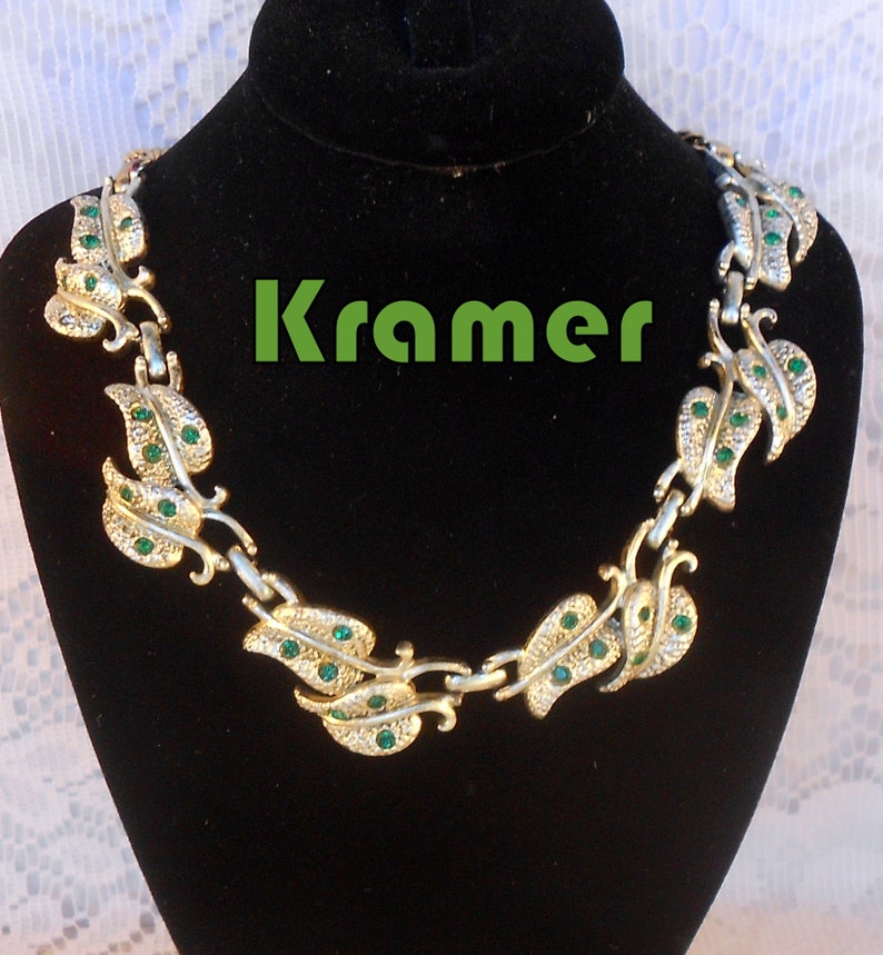 KRAMER Necklace Silver Tone Leaves With Green Rhinestones Adjustable Length Free Shipping Within the USA