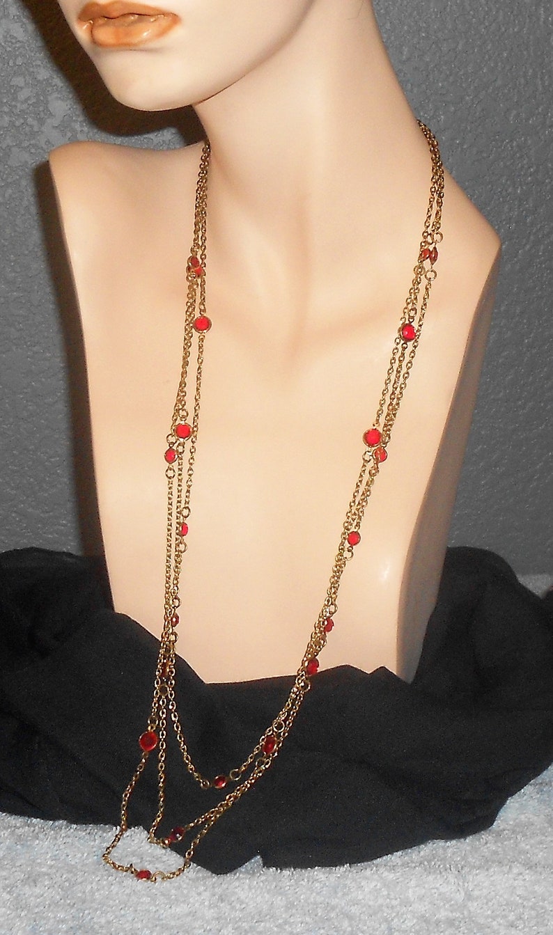 3 Strand Necklace With Red Lucite Crystal Accents In Gold Tone Free Shipping Within the USA