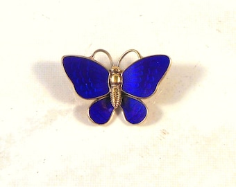 Volmer Bahner VB Denmark Vintage Sterling Guilloche Blue Butterfly Pin - Lovely Deep Blue Butterfly Pin