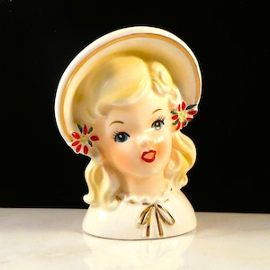 Vintage Inarco Japan Lady Head Vase E1274 Young Lady With Bonnet & Poinsettia Flowers Gold Trim - Christmas Theme - Smaller Size