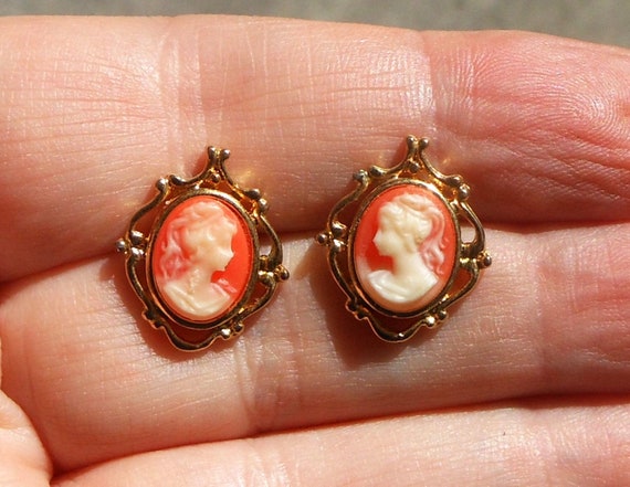 Cameo Stud Earrings For Pierced Ears - Lucite Cam… - image 1