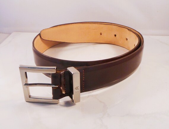 Buy Calvin Klein Brown Italian Calfskin Belt With Silver  display picture 2