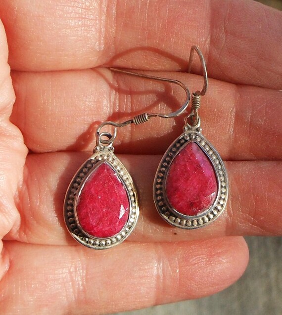 Sterling Silver Ruby Dangle Earrings - Large Piec… - image 1