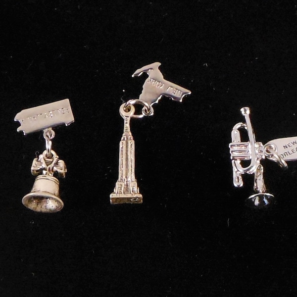 Souvenir Sterling Silver Charms - Your Choice Empire State Bldg, NY, Liberty Bell, PA, or Trumpet, New Orleans