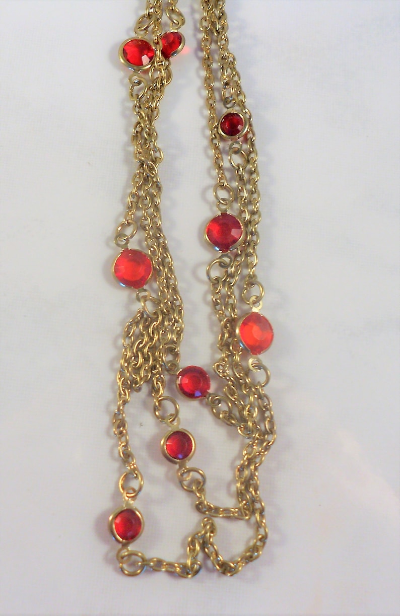 3 Strand Necklace With Red Lucite Crystal Accents In Gold Tone Free Shipping Within the USA
