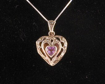 Heart Locket Pendant Sterling Silver With Genuine Amethyst and Marcasite Made by Marsala Manufacturing With Chain Gift For Her FREE SHIPPING
