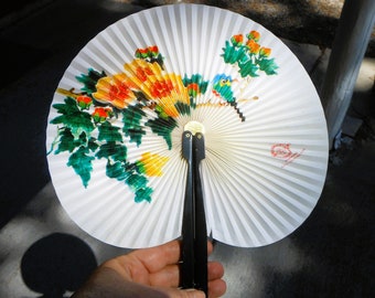 Vintage Paper Fan With Colorful Flowers and Bird Design 360 Degrees Folding Out Made in China - Great Collectible
