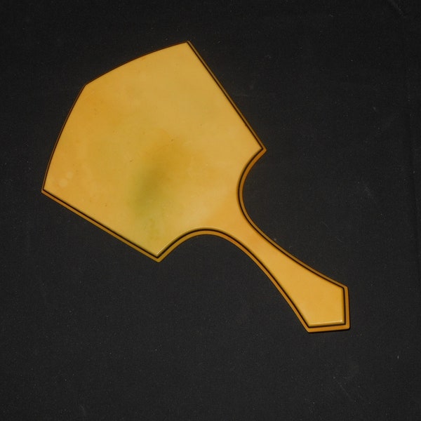 Vintage 1930's Celluloid Large Hand Mirror Made by Tusculur  - Yellow Celluloid with Black Border - Very Collectible For Your Vanity