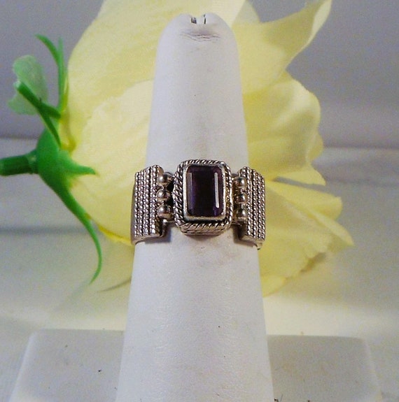 Sterling Silver Amethyst Ring - Unique Textured D… - image 1