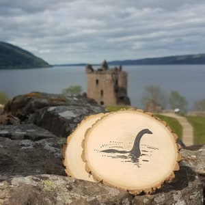 Loch Ness Monster Nessie Handcrafted Rustic Coaster Set, American Reclaimed Wood Slices, American Made