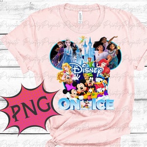 May include: Pink t-shirt with a blue Mickey Mouse head graphic. The graphic features Mickey Mouse, Minnie Mouse, Donald Duck, Goofy, and other Disney characters. The text "Disney On Ice" is printed below the graphic.