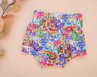 Carebear bummies, high waisted bummies, Baby shorts, diaper cover, summer clothes, baby girl, toddler clothes