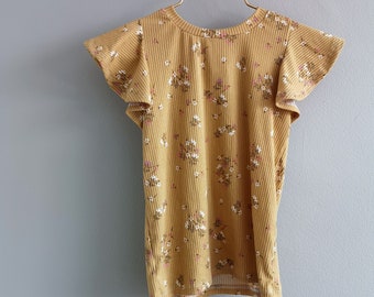 Golden floral flutter sleeve shirt, girls clothing, kids clothes. girls summer clothes