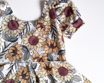 Sunflower peplum shirt, puff sleeves top, girls clothing