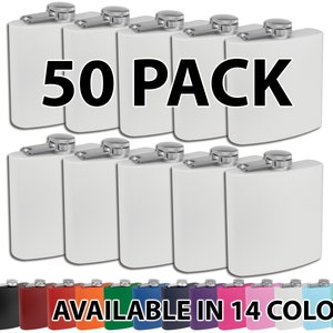May include: 50 pack of stainless steel hip flasks in white. Available in 14 colors.