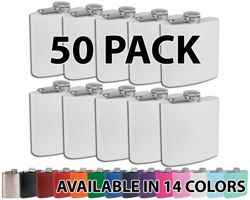 May include: 50 pack of stainless steel hip flasks in white. Available in 14 colors.