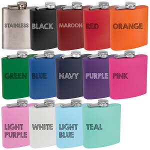 May include: A set of 15 hip flasks in various colors, including stainless steel, black, maroon, red, orange, green, blue, navy, purple, pink, light purple, white, light blue, and teal. Each flask has a hinged cap.