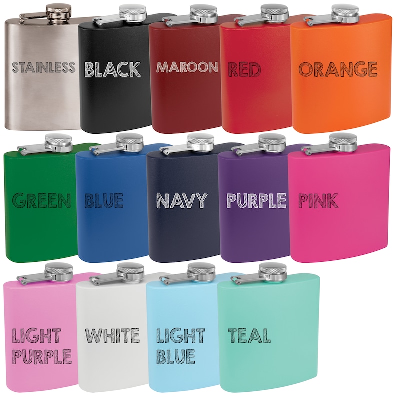 May include: A set of 15 hip flasks in various colors, including stainless steel, black, maroon, red, orange, green, blue, navy, purple, pink, light purple, white, light blue, and teal. Each flask has a hinged cap.