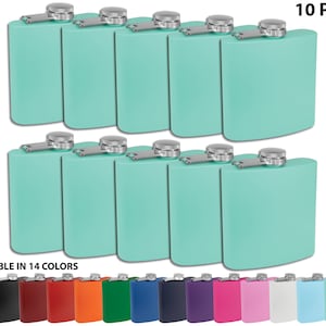 May include: Ten pack of 8 ounce stainless steel hip flasks in a light turquoise color.  Available in 14 colors.