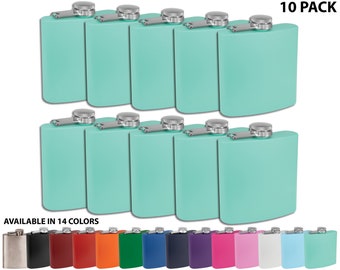 Wholesale - 10 Pack - Blank 6oz Powder Coated Stainless Steel Teal Hip Flask - Bulk Laser Engravable - White Gift Box - Wedding Party